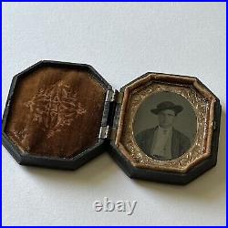 Antique Tintype Photograph Dapper Young Man Cowboy Octagon Thermoplastic Case
