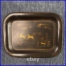 Antique Toleware Tray Hand-painted Metal, Horses & Carriage, Floral, Decor