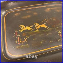 Antique Toleware Tray Hand-painted Metal, Horses & Carriage, Floral, Decor