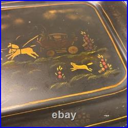 Antique Toleware Tray Hand-painted Metal, Horses & Carriage, Floral, Decor