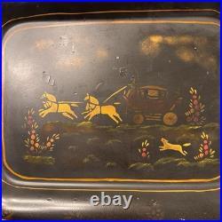 Antique Toleware Tray Hand-painted Metal, Horses & Carriage, Floral, Decor