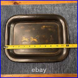 Antique Toleware Tray Hand-painted Metal, Horses & Carriage, Floral, Decor