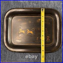 Antique Toleware Tray Hand-painted Metal, Horses & Carriage, Floral, Decor