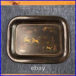 Antique Toleware Tray Hand-painted Metal, Horses & Carriage, Floral, Decor