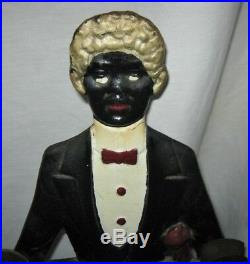 Antique USA Tobacco Cast Iron Black Butler Man Smoking Art Ashtray Stand Tray Ny