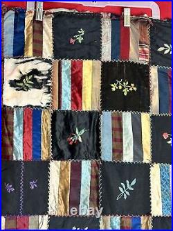 Antique Victorian 1890's Embroidered Quilt Silk Textile Art Flowers HandStitched