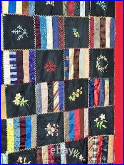 Antique Victorian 1890's Embroidered Quilt Silk Textile Art Flowers HandStitched