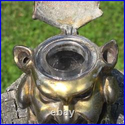 Antique Victorian Brass Devil Gargoyle Inkwell Hinged Gothic 1800s Collectible