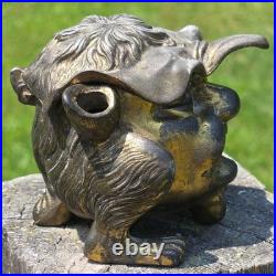 Antique Victorian Brass Devil Gargoyle Inkwell Hinged Gothic 1800s Collectible