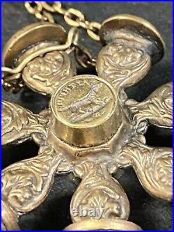 Antique Victorian Brass Nine Sided Wax Seal Desk Multi-seal Wheel Heart In Hand