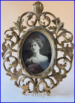 Antique Victorian Cast Metal Oval Frame With Original Portrait Photograph