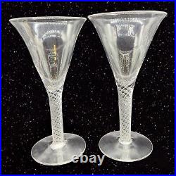 Antique Victorian Clear Spiral Twist Stem Wine Glasses Hand Blown Goblet Set 2