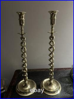 Antique Victorian English Brass Barley Twist Candlesticks 18.5 Tall c. 1880s