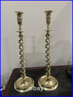 Antique Victorian English Brass Barley Twist Candlesticks 18.5 Tall c. 1880s