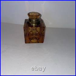 Antique Victorian Era Amber Glass Desk Top Inkwell, Bevel Square Brass Hinged