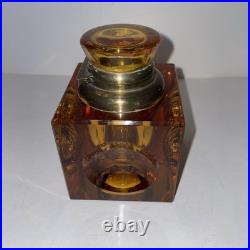 Antique Victorian Era Amber Glass Desk Top Inkwell, Bevel Square Brass Hinged