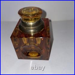 Antique Victorian Era Amber Glass Desk Top Inkwell, Bevel Square Brass Hinged