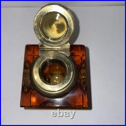 Antique Victorian Era Amber Glass Desk Top Inkwell, Bevel Square Brass Hinged