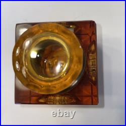 Antique Victorian Era Amber Glass Desk Top Inkwell, Bevel Square Brass Hinged
