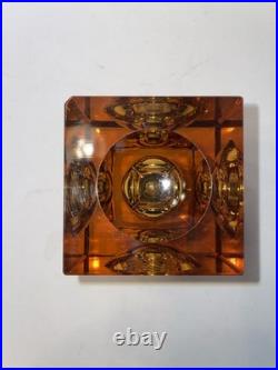 Antique Victorian Era Amber Glass Desk Top Inkwell, Bevel Square Brass Hinged