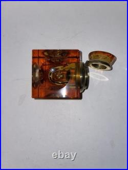 Antique Victorian Era Amber Glass Desk Top Inkwell, Bevel Square Brass Hinged