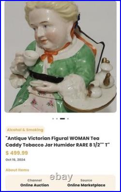 Antique Victorian Figural Woman Tobacco Jar Tea Caddy Humidor Porcelain 8.5