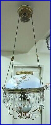 Antique Victorian Miller Hanging Oil Library Kerosene Parlor Ceiling Lamp Light