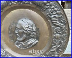 Antique Victorian Stamped Brass Repousse 24.5 Portrait Plaque of Shakespeare