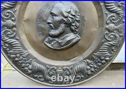 Antique Victorian Stamped Brass Repousse 24.5 Portrait Plaque of Shakespeare