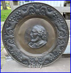 Antique Victorian Stamped Brass Repousse 24.5 Portrait Plaque of Shakespeare