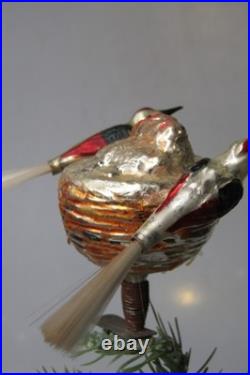Antique Vintage Glass Clip On BIRDS on NEST w Chicks Christmas Ornament Germany
