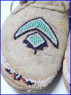 Antique Vintage Kiowa Indian Beaded Moccasins Hard Soles Brain Tanned