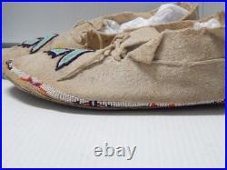 Antique Vintage Kiowa Indian Beaded Moccasins Hard Soles Brain Tanned
