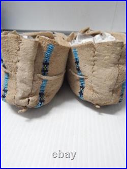 Antique Vintage Kiowa Indian Beaded Moccasins Hard Soles Brain Tanned