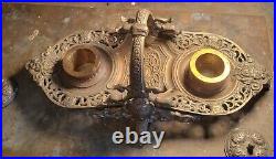 Antique Vintage Ornate gilded Double Inkwell Inkstand Tray Basket 5 x 14