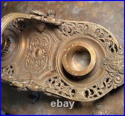 Antique Vintage Ornate gilded Double Inkwell Inkstand Tray Basket 5 x 14