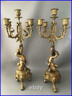 Antique Vtg Italian Brass Bronze Cherubs Putti Candelabra Candle Holder Pair