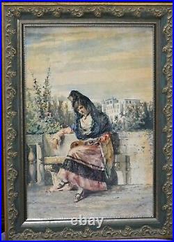 Antique Watercolor painting on paper by noted artist Adelchi deGrossi. Ca 1880
