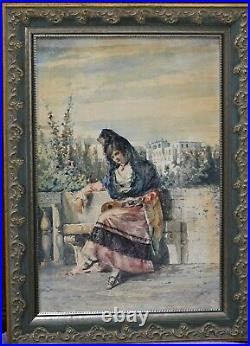 Antique Watercolor painting on paper by noted artist Adelchi deGrossi. Ca 1880
