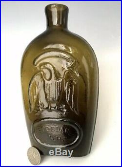 Antique Whisky Flask Double Eagle GII-82 Olive Amber Pint, Stoddard NH, ca. 1860