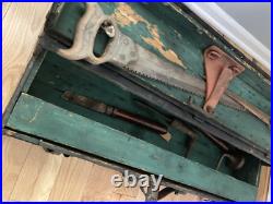 Antique Wood Storage Chest Carpenter's Tool Box Primitive Trunk With Tools