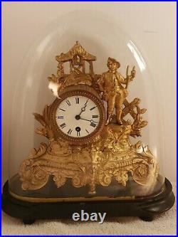 Antique Working 1800s French Victorian Gold Gilt Figural Glass Dome Mantel Clock