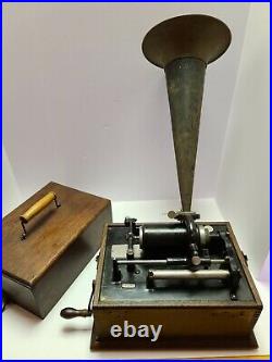 Antique Working 1898 EDISON Standard'Suitcase' Oak Wind-Up Cylinder Phonograph