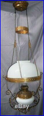 Antique Working Retractable Victorian Hanging Oil Library Parlor Chandelier Lamp