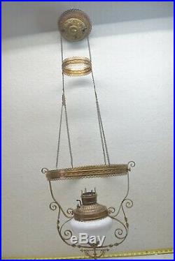 Antique Working Retractable Victorian Hanging Oil Library Parlor Chandelier Lamp