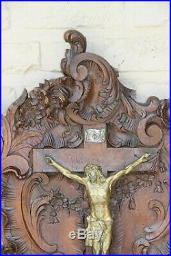 Antique XL religious church Black forest Wood carved wall crucifix 1880 Rare top
