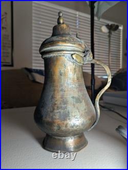 Antique c. 1900 Lidded Brass Pitcher Hand-Finished Copper Alloy Vessel