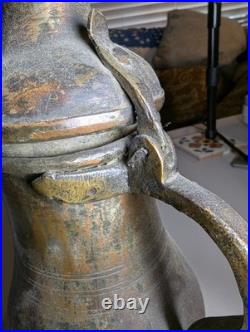Antique c. 1900 Lidded Brass Pitcher Hand-Finished Copper Alloy Vessel