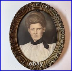 Antique c1900 Hand Colored Crayon Portrait Woman Ornate Oval Frame