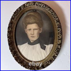 Antique c1900 Hand Colored Crayon Portrait Woman Ornate Oval Frame